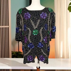 Vintage Sequin Silk Top XL Evening Party Colorful Cocktail Flowers Floral 90s